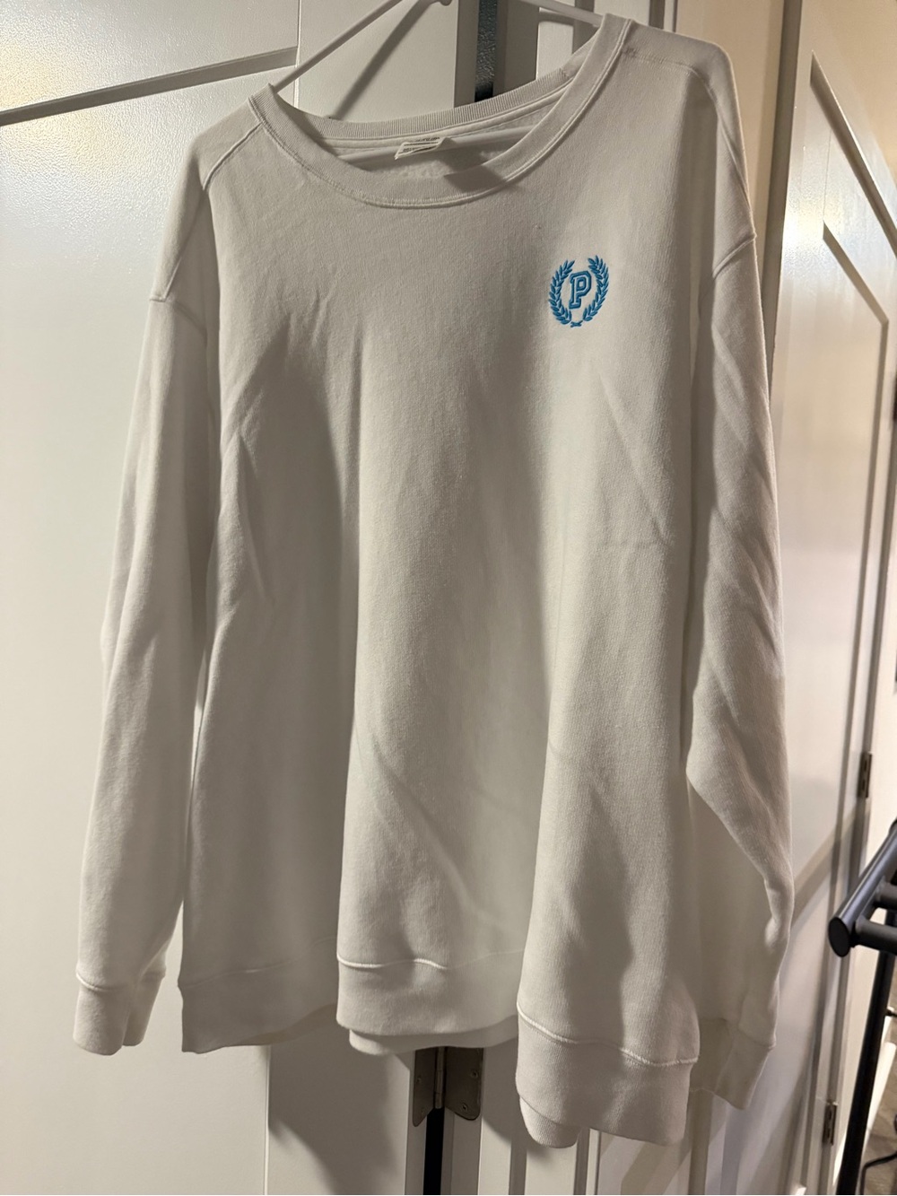 White Crewneck Sweater with Blue Crest Logo